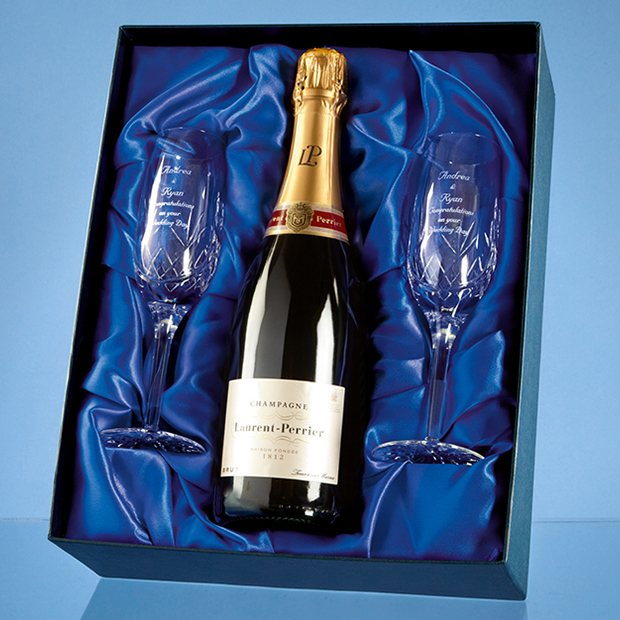 Large image for 2 Blenheim Lead Crystal Champagne Flutes and 75cl Bottle of Laurent Perrier Champagne